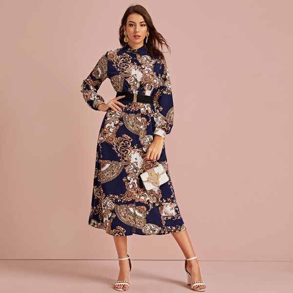 

Scarf Print Button Front Belted Shirt Dress, Multicolor