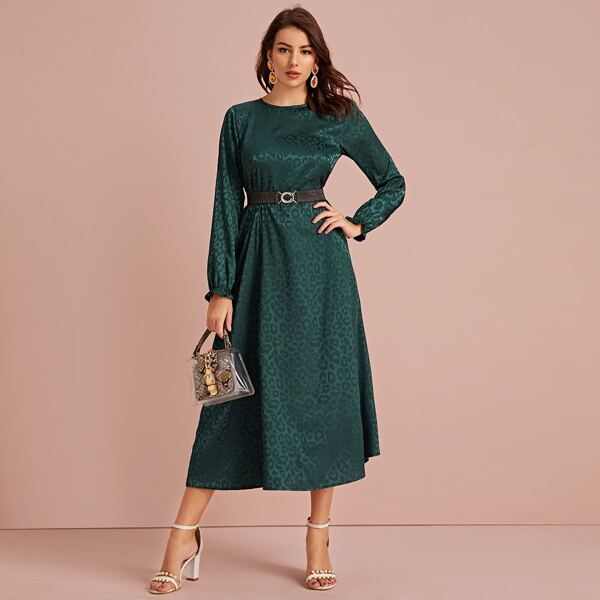 

Satin Frill Cuff Self Tie Leopard A-line Dress, Green