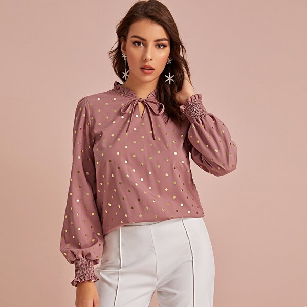 

Gilding Polka Dot Shirred Cuff Knot Front Blouse, Pink