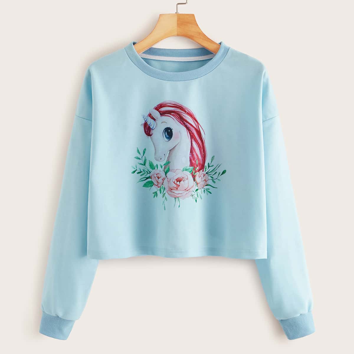 

Unicorn & Floral Print Drop Shoulder Crop Tee, Blue