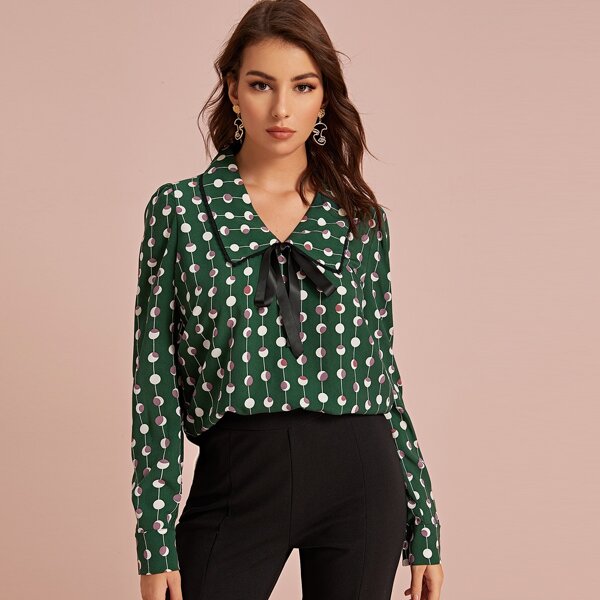 

Polka Dot Tie Front Puff Sleeve Blouse, Green