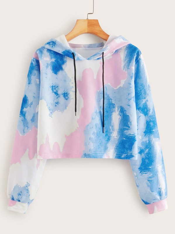 Tie Dye Drawstring Crop Hoodie, Multicolor