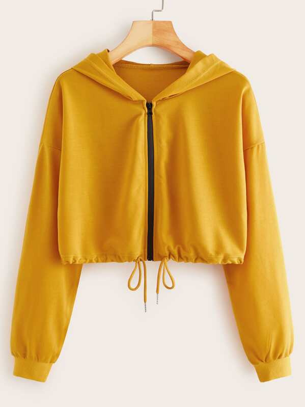 

Solid Drawstring Hem Zip-up Crop Hoodie, Yellow