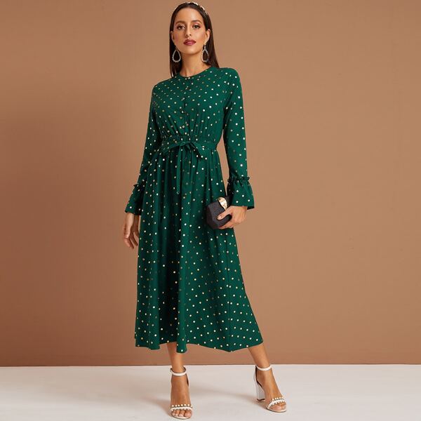 

Gilding Polka Dot Flounce Sleeve Belted A-line Dress, Green