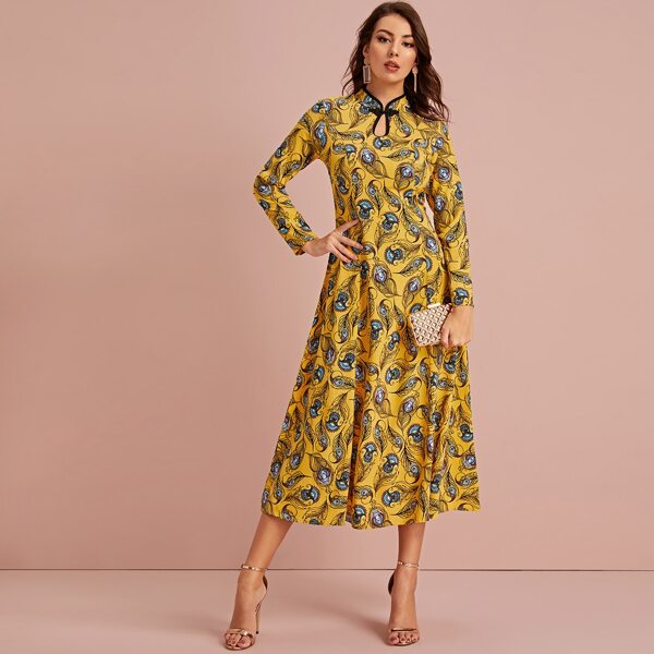 

Peacock Feather Print Mandarin Collar Flare Dress, Yellow