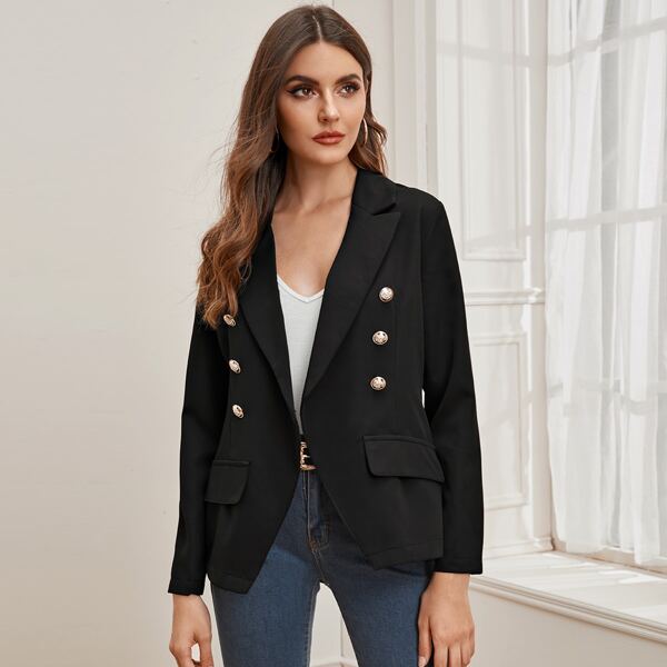 

Button Detail Lapel Collar Blazer, Black