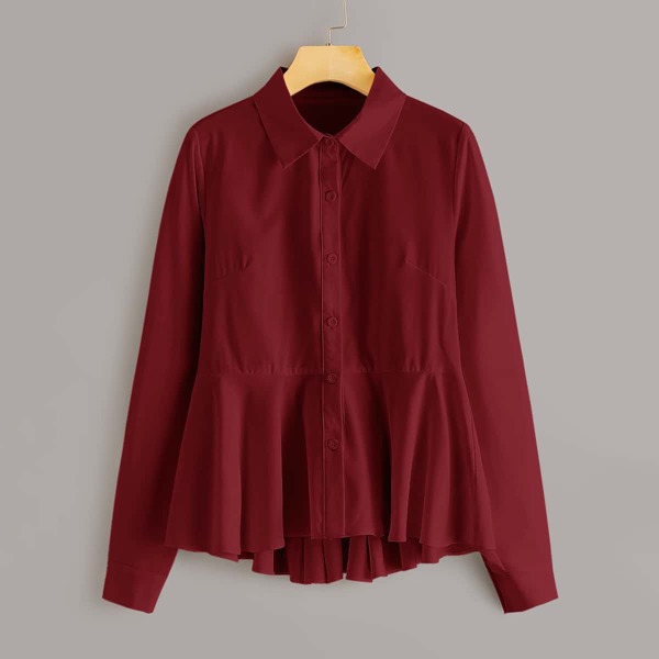 

Solid Button Through Babydoll Blouse, Burgundy