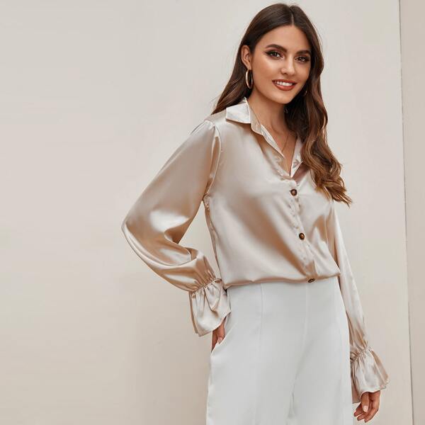 

Solid Button Through Flounce Sleeve Satin Blouse, Gold