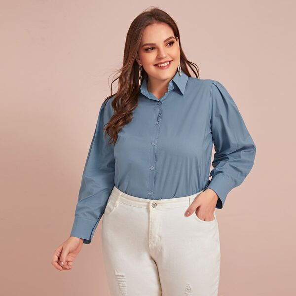 

Plus Solid Button Through Blouse, Blue