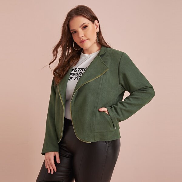 

Plus Waterfall Collar Pocket Suede Jacket, Army green