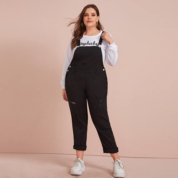 

Plus Ripped Rolled Hem Denim Overalls