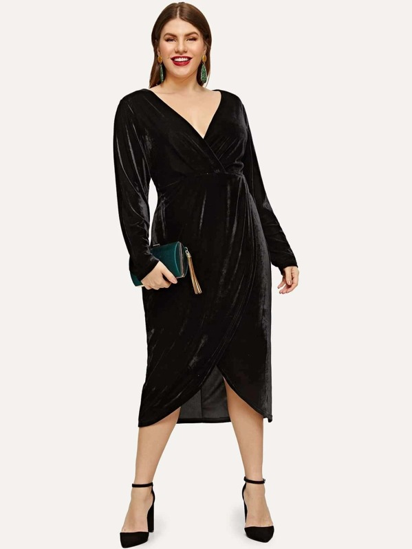 

Plus Solid Velvet Wrap Dress, Black, Isabela