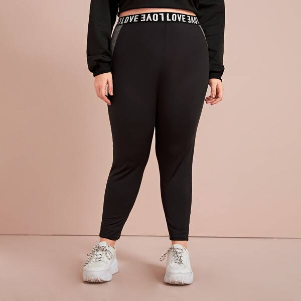 

Plus Letter Tape Contrast Panel Leggings, Black