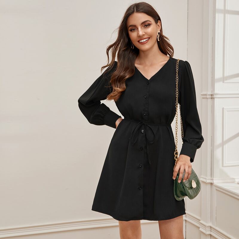 

Button Front Self Tie Shirt Dress, Black
