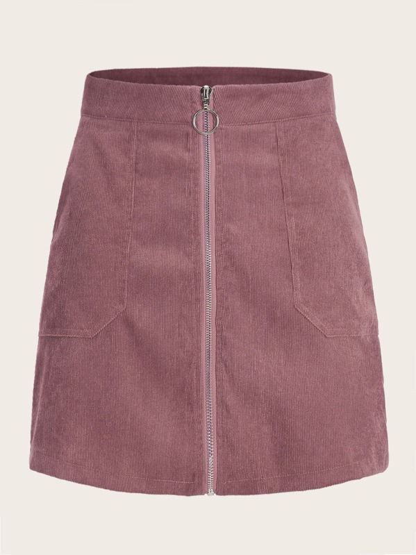 

Solid Zip Through Corduroy Skirt, Pink