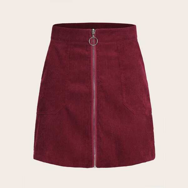 

Solid Zip Through Corduroy Skirt, Burgundy