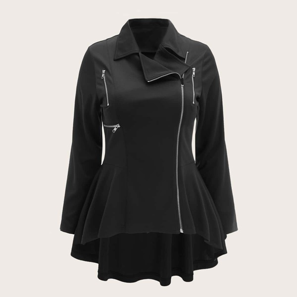 

Plus Zipper Dip Hem Coat, Black