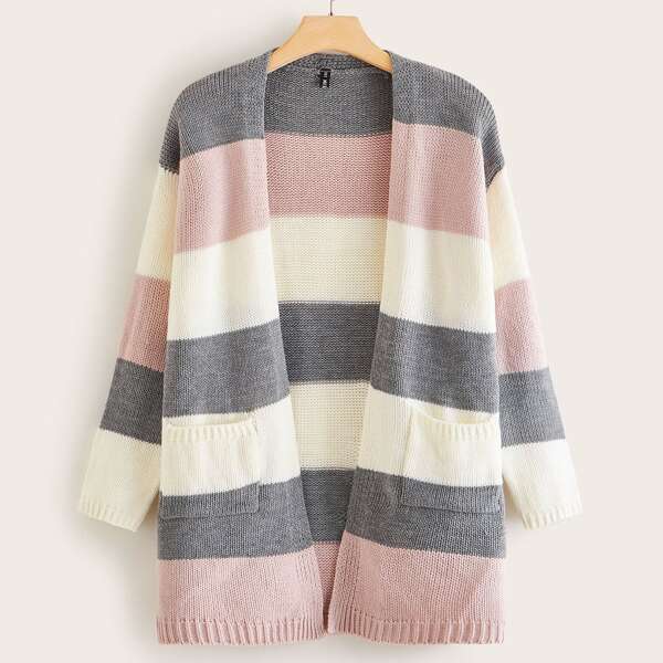 

Plus Color-block Drop Shoulder Double Pocket Cardigan, Multicolor