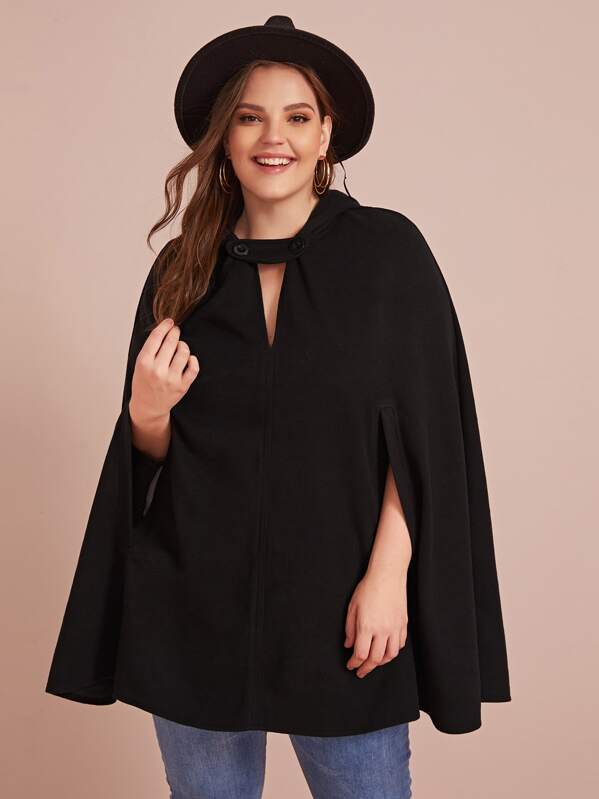 

Plus Button Detail Peekaboo Cape Coat, Black, Ella