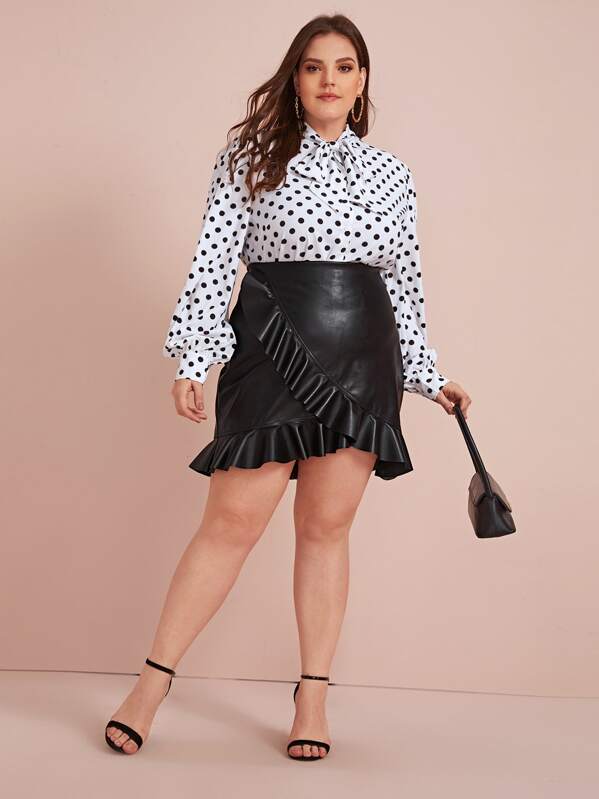 

Plus Ruffle Hem Leather Look Wrap Skirt, Black, Ella