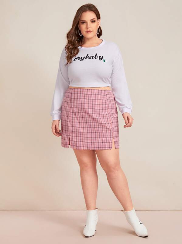 

Plus Plaid Split Front Straight Skirt, Pink, Ella
