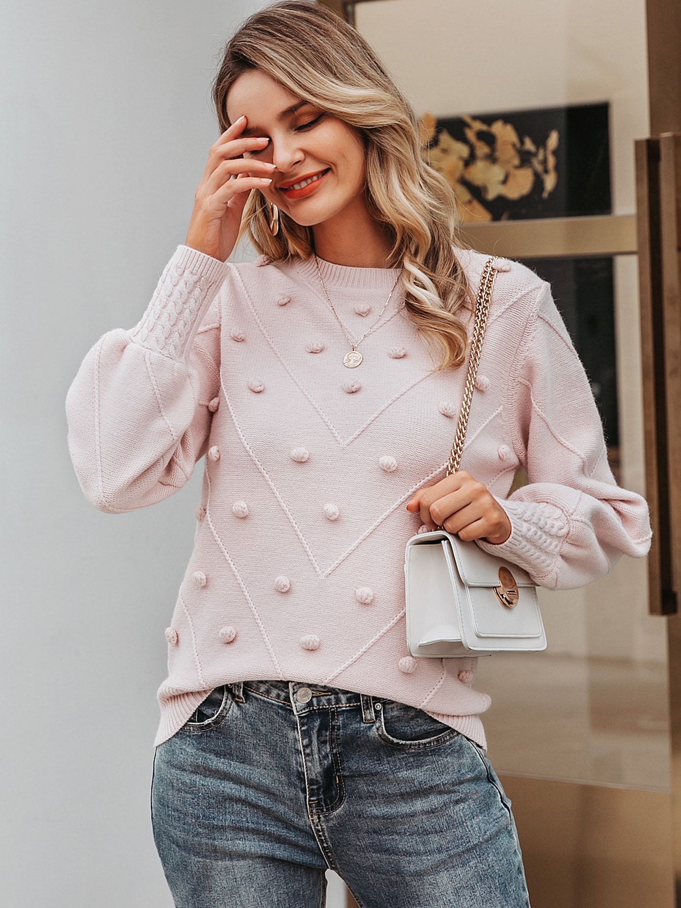 Solid Popcorn Knit Bishop Sleeve Sweater thumbnail
