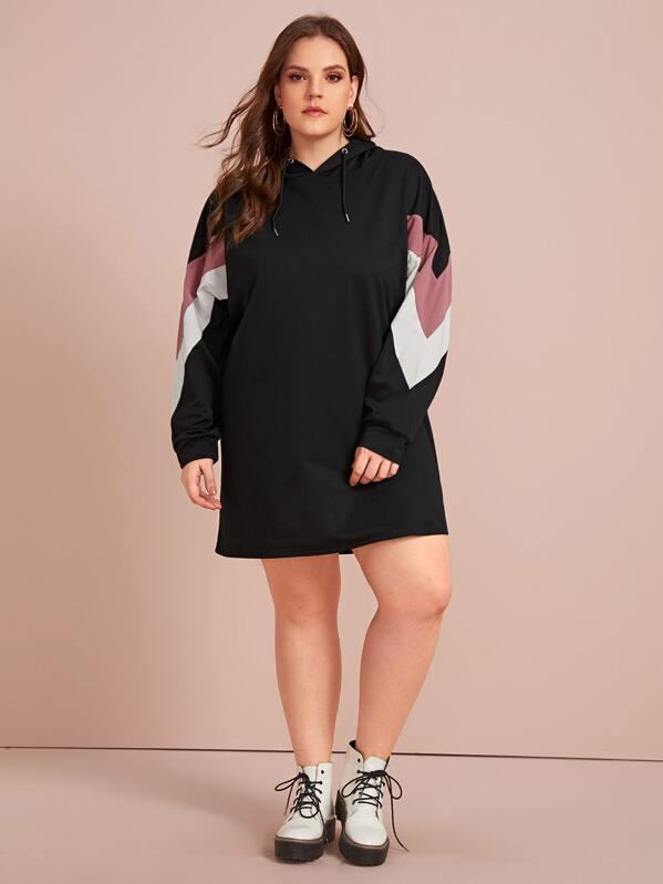 

Plus Contrast Panel Drawstring Hoodie Dress, Black, Ella