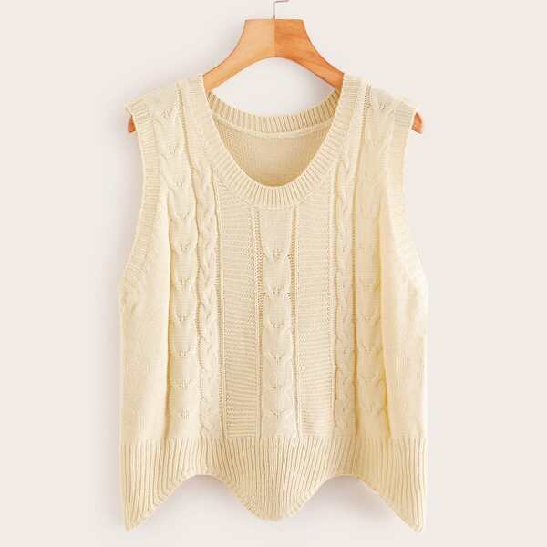 

Solid Cable Knit Scallop Hem Knit Top, Beige