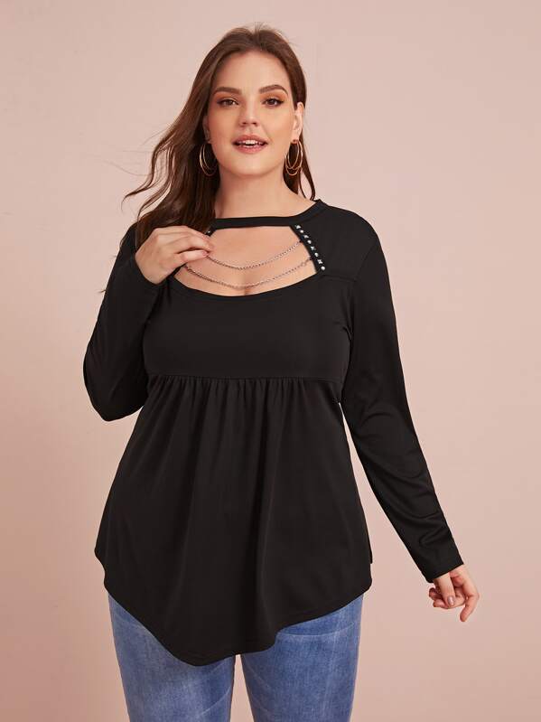 

Plus Cut Out Front Chain Detail Tee, Black, Ella
