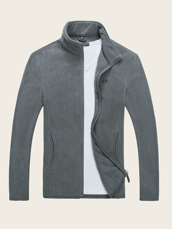 

Men Zip Up Embroidered Fleece Jacket, Grey