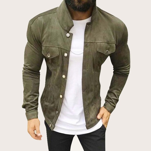 

Men Pocket Front Suede Trucker Jacket, Army green