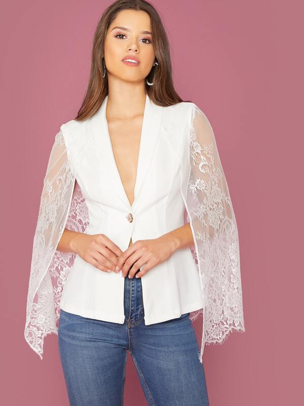 

Shawl Collar Single Button Lace Cape Blazer, White, Lisi Witt