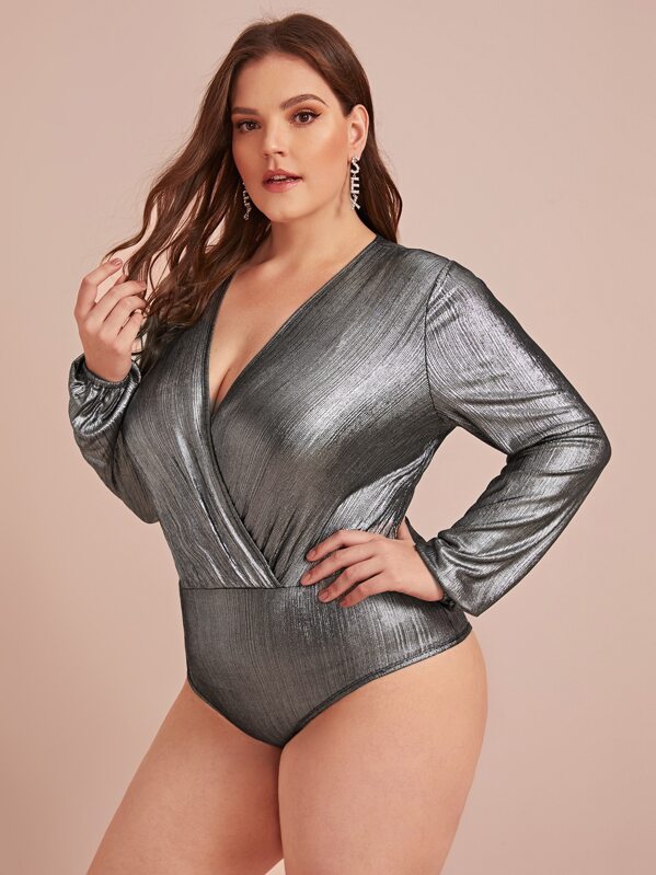 

Plus Surplice Neck Metallic Bodysuit, Grey, Ella