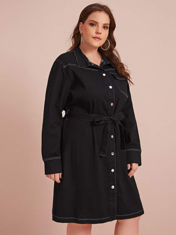 

Plus Contrast Topstitching Belted Shirt Dress, Black, Ella