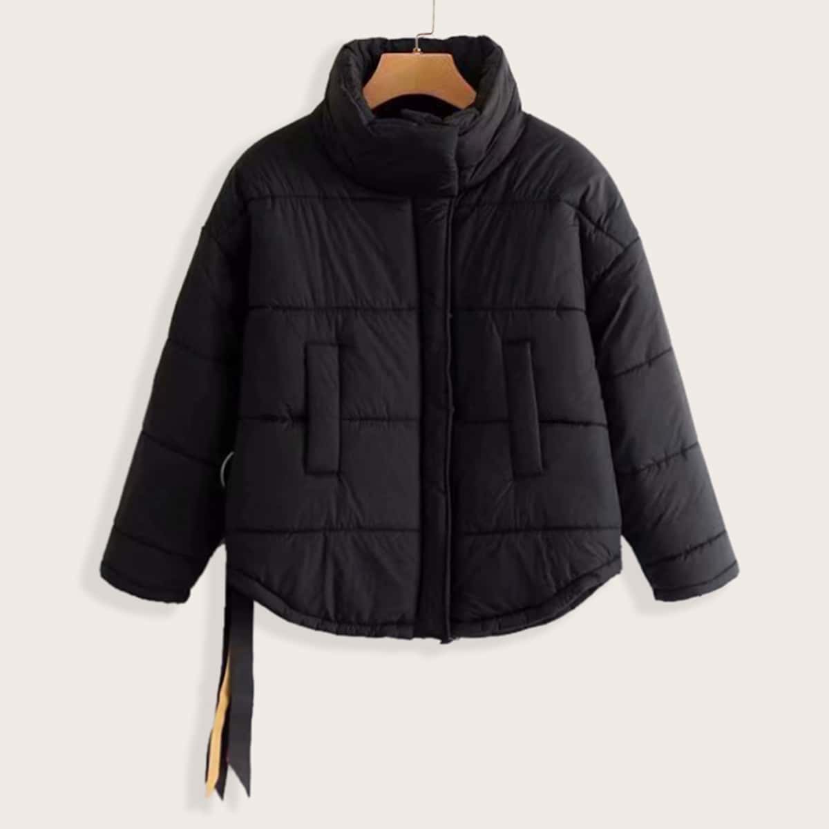 

Funnel Neck Ribbon Puffer Coat, Black