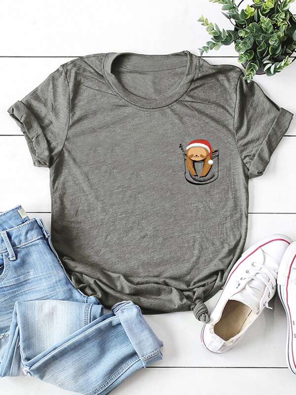 

Cartoon Graphic Rolled Sleeve Tee, Grey