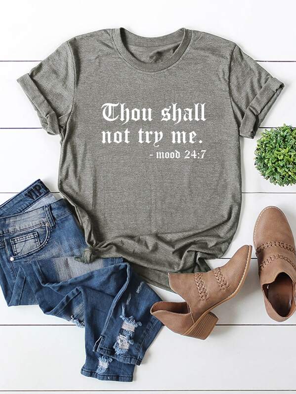 

Slogan Graphic Rolled Sleeve Tee, Grey