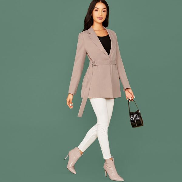 

Notch Collar Single Button Waist Tie Blazer, Nude