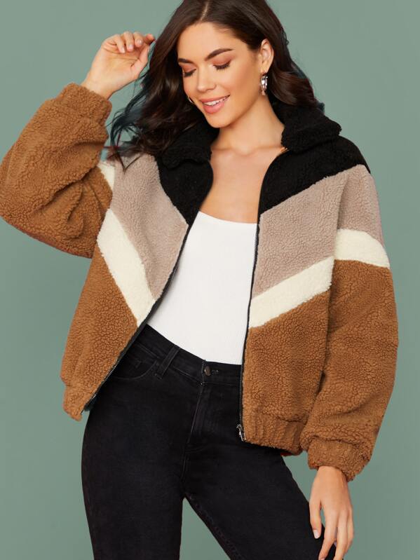 

Zip Up Colorblock Chevron Teddy Jacket, Multicolor, Aarika Wolf