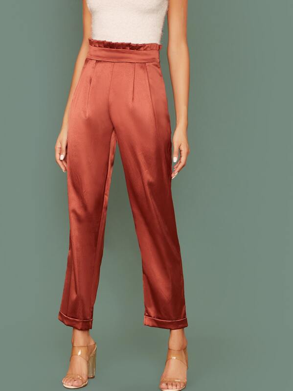 

Solid Paper Bag Roll Hem Crop Pants, Brown, Juliette