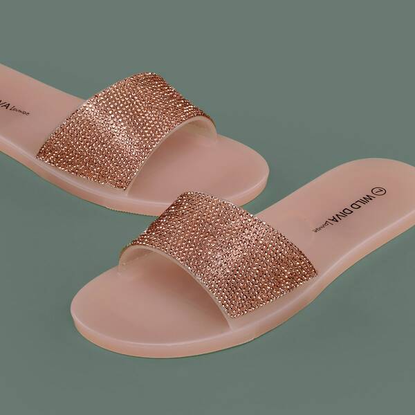 

Open Toe Crystal Wide Band PVC Slide Sandals, Nude
