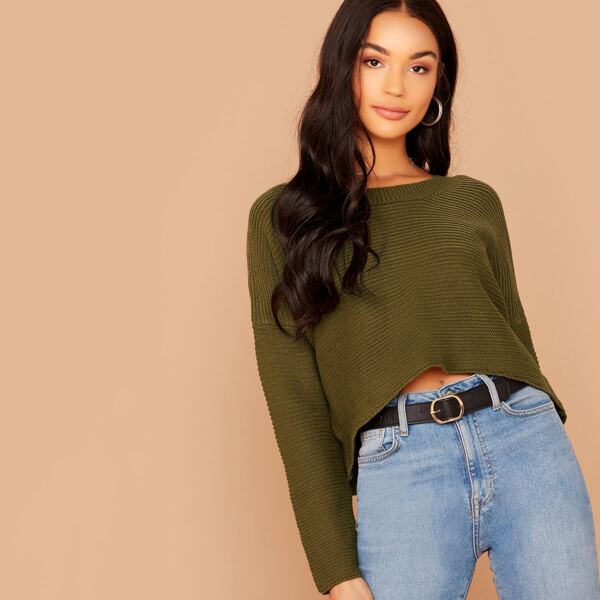 

Crew Neck Drop Shoulder Pullover Crop Sweater