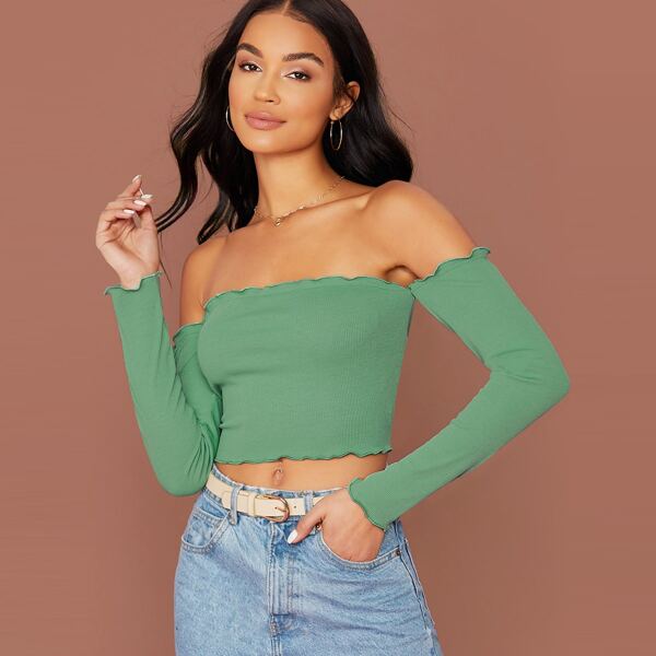 

Lace Up Back Lettuce Trim Bardot Slim Top, Green pastel