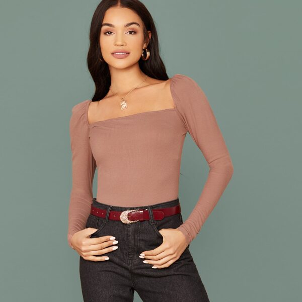 

Square Neck Rib-knit Fitted Tee, Nude