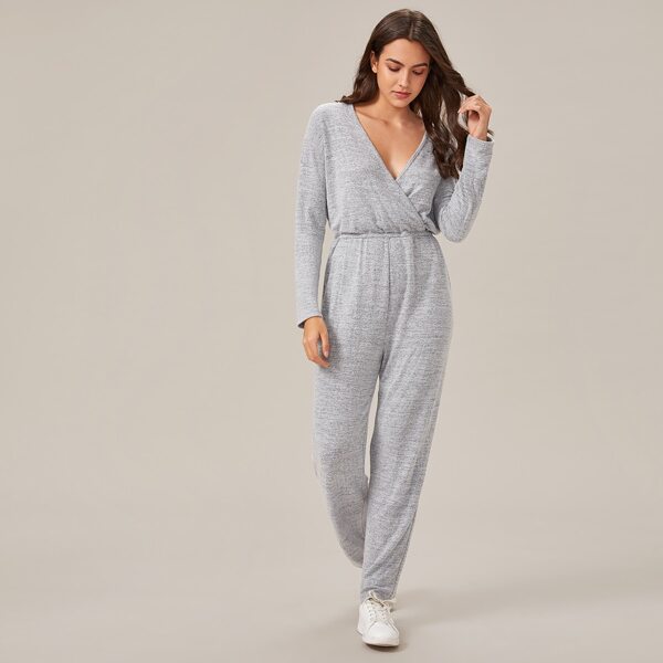 

Surplice Neck Blouson Solid Jumpsuit, Grey