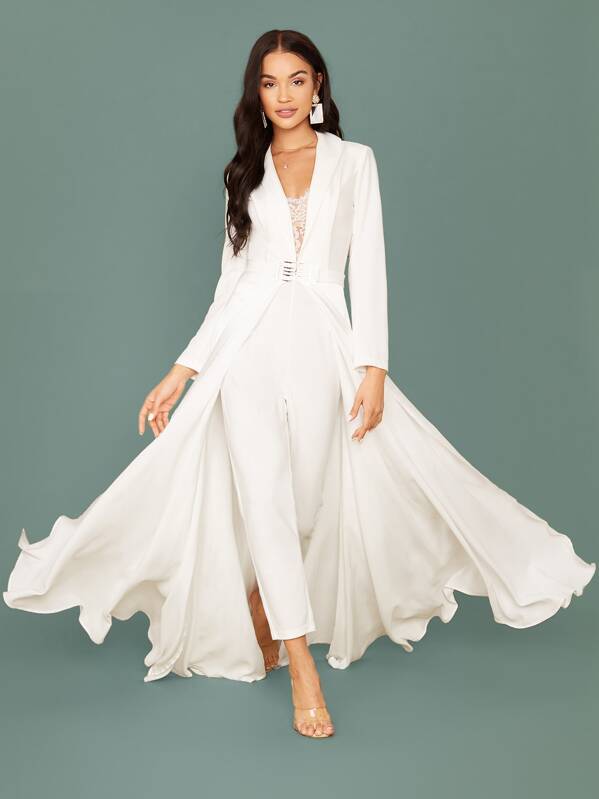 

Shawl Collar Lace Insert Belted Cape Jumpsuit, White, Juliette