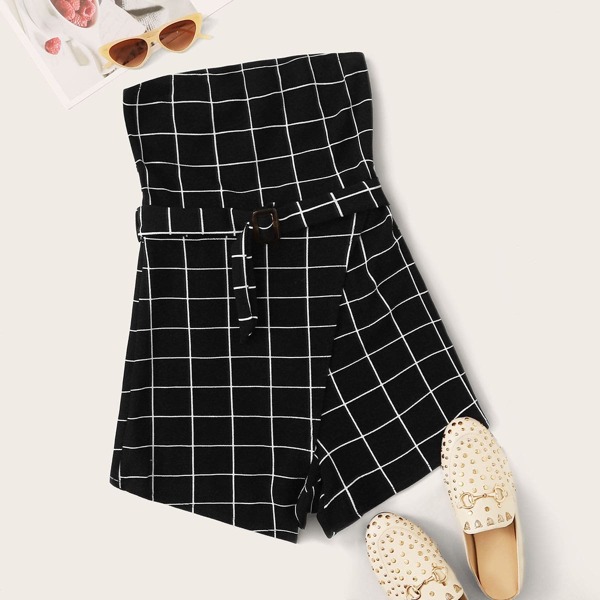 

Buckle Belted Wrap Front Grid Tube Romper, Black