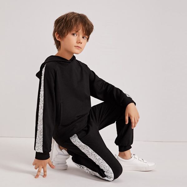 

Boys Sequin Tape Side Hoodie & Sweatpants Set, Black