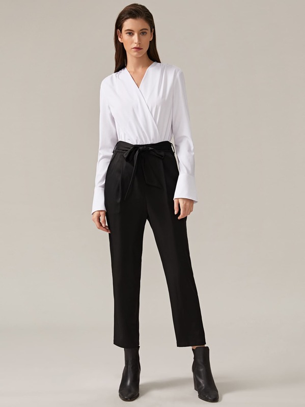 

Premium Surplice Neck Combo Belted Jumpsuit, Black and white, Mila