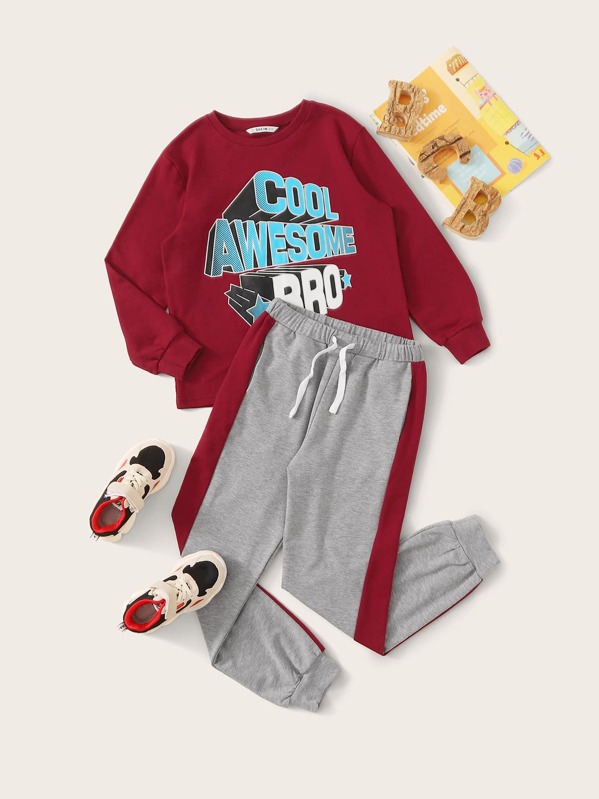 

Boys Slogan Graphic Pullover & Striped Side Joggers Set, Multicolor
